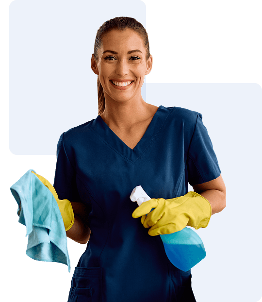Smiling cleaner with spray bottle and cloth.