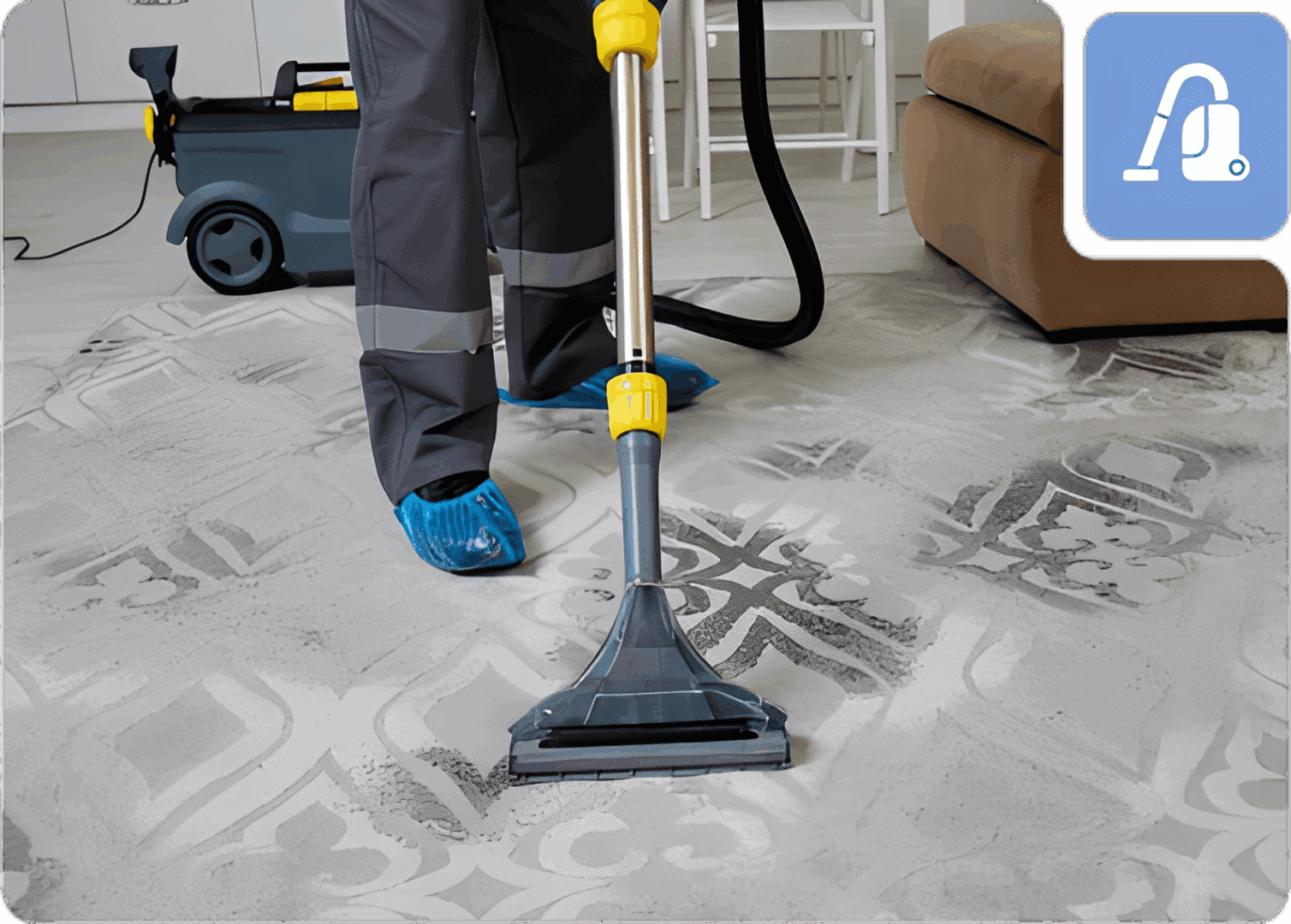 Person steam cleaning patterned carpet in room.