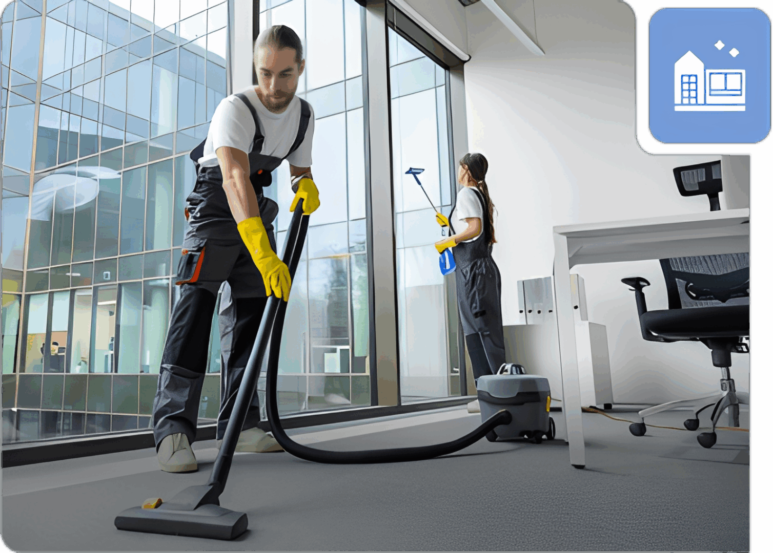 Office cleaners vacuuming and tidying workspaces.