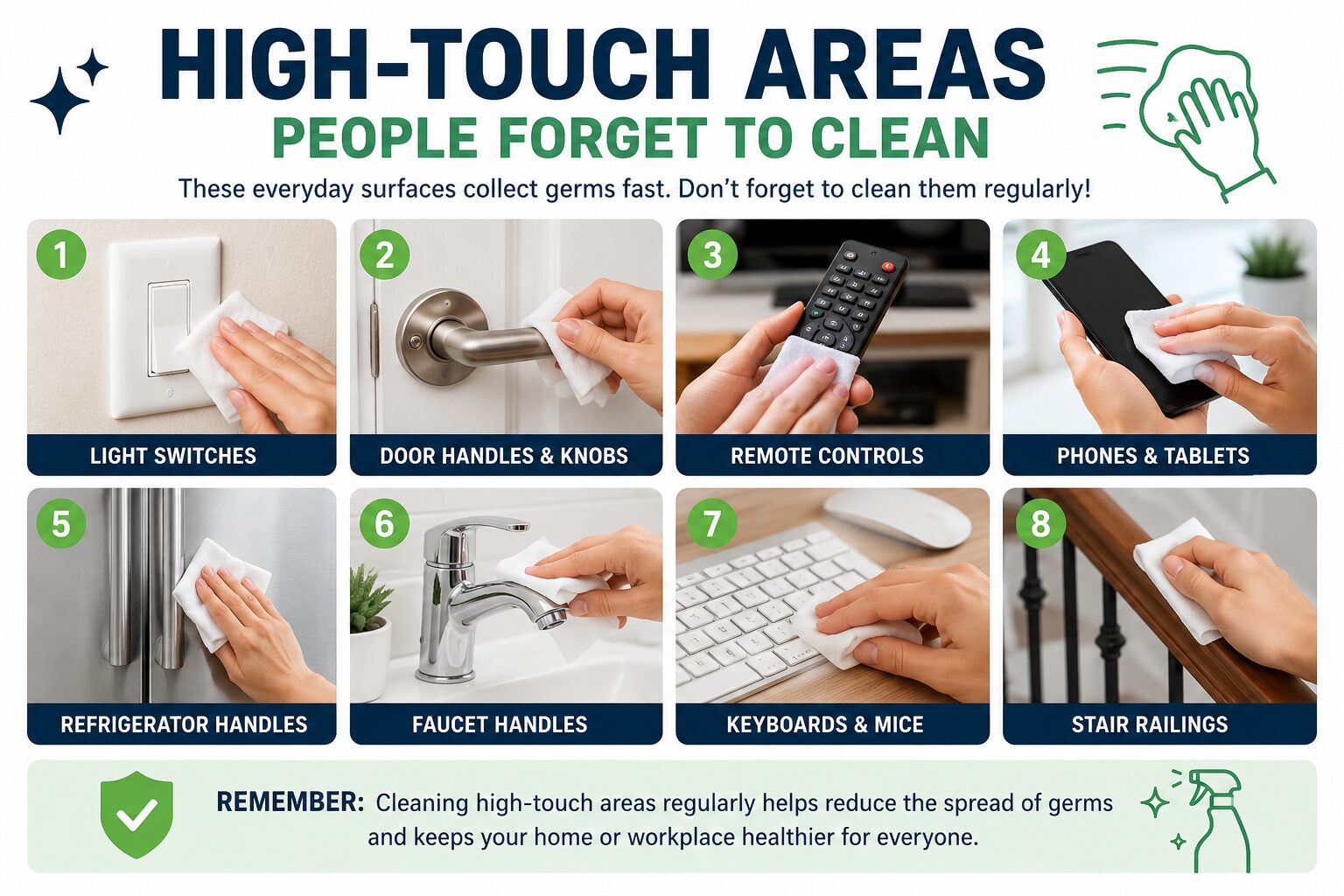 Infographic showing high-touch areas people forget to clean, including light switches, door handles, phones, keyboards, and faucet handles.