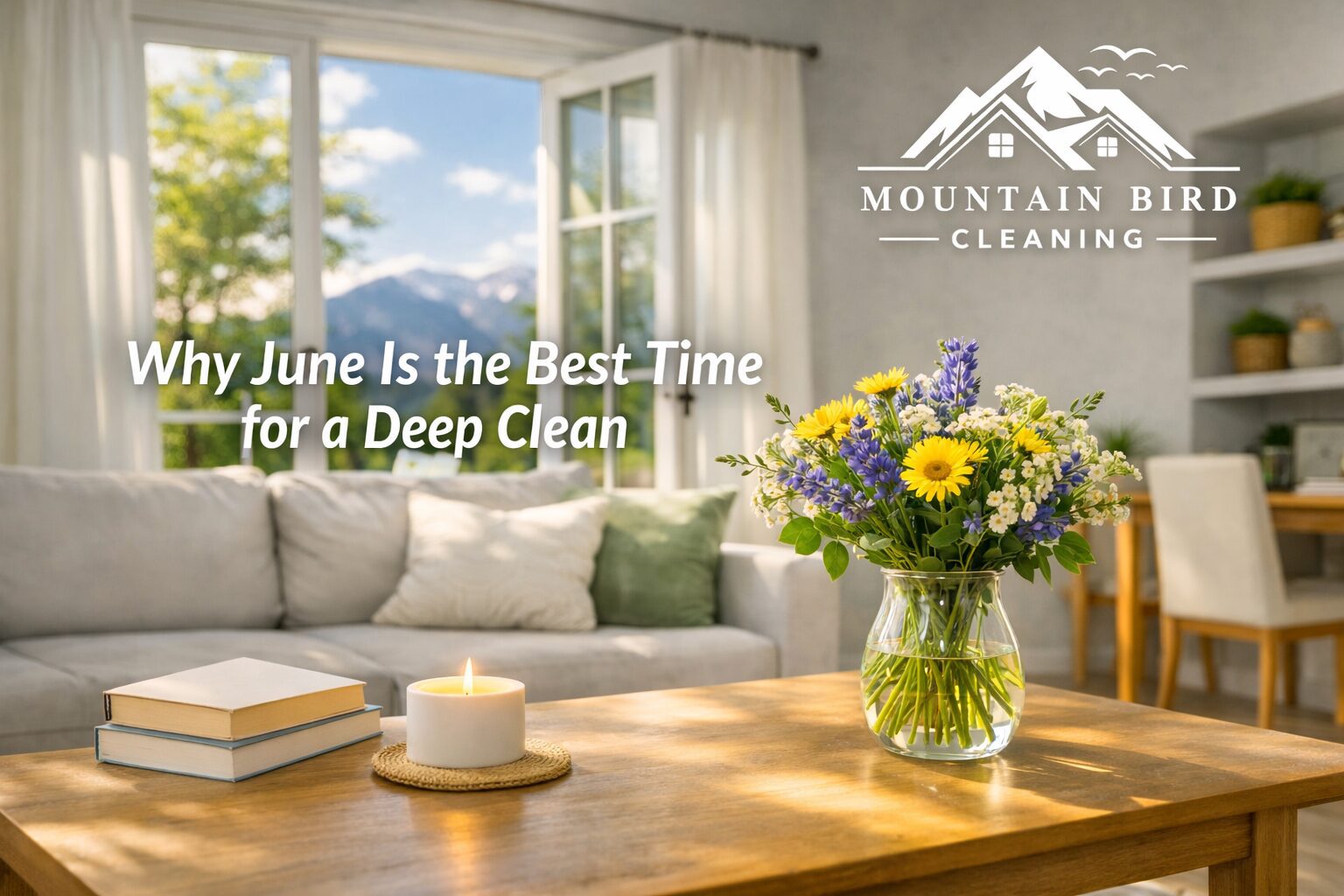 Bright Colorado living room with sunlight streaming through open windows, vase of wildflowers on a wooden table, and Mountain Bird Cleaning logo in white. Text overlay reads “Why June Is the Best Time for a Deep Clean.”