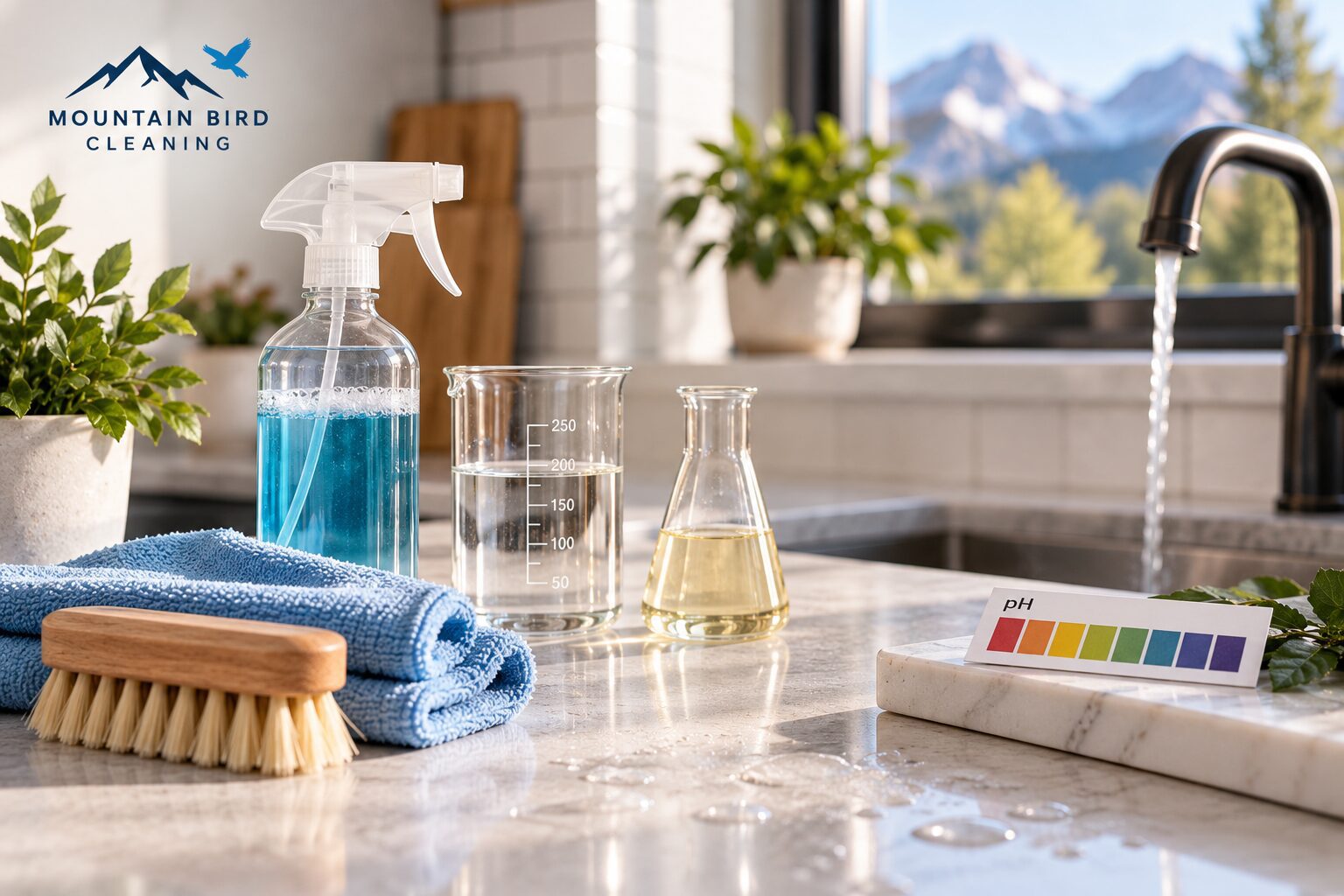 Chemistry of cleaning with pH scale, cleaning products and tools in a modern Colorado kitchen