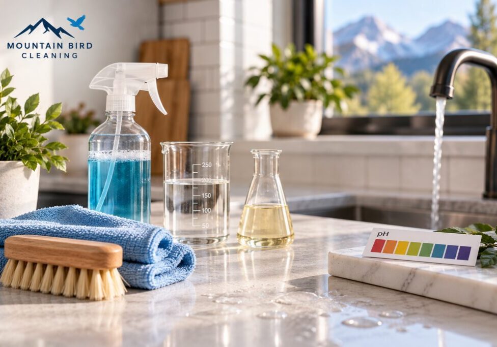 Chemistry of cleaning with pH scale, cleaning products and tools in a modern Colorado kitchen