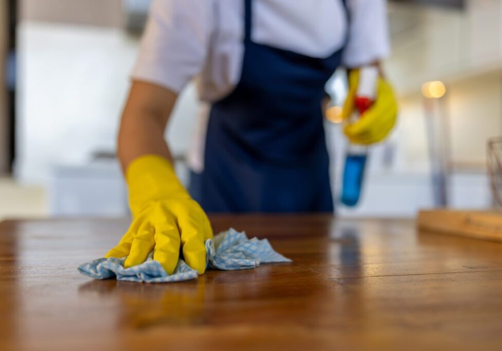 Close-up on a professional cleaner cleaning a table at a house - housework concepts