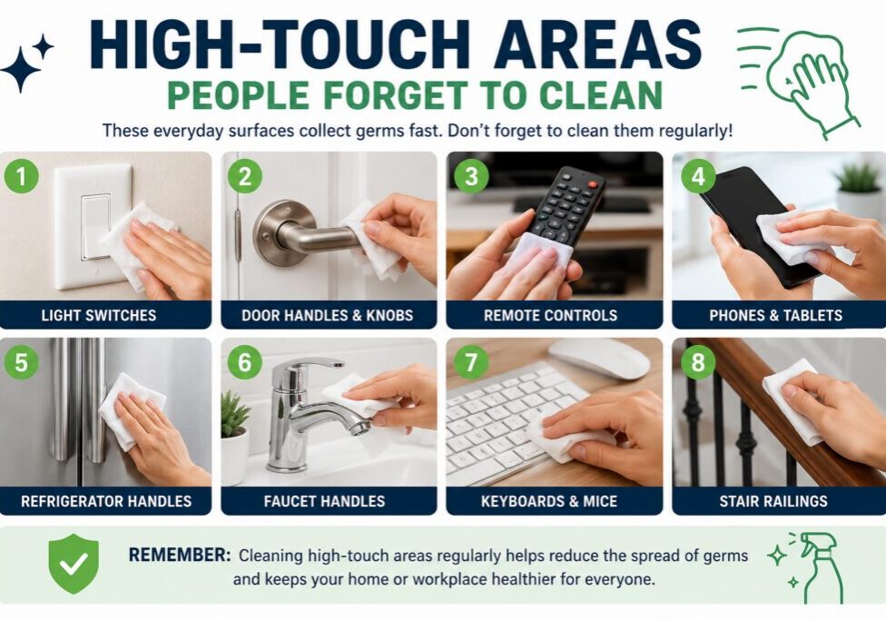Infographic showing high-touch areas people forget to clean, including light switches, door handles, phones, keyboards, and faucet handles.