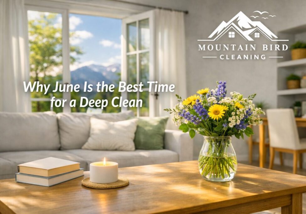 Bright Colorado living room with sunlight streaming through open windows, vase of wildflowers on a wooden table, and Mountain Bird Cleaning logo in white. Text overlay reads “Why June Is the Best Time for a Deep Clean.”